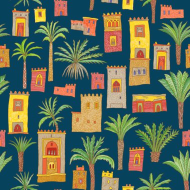 Peri masalı gibi pürüzsüz ortaçağ evleri ve kaleleri koyu mavi arka planda.