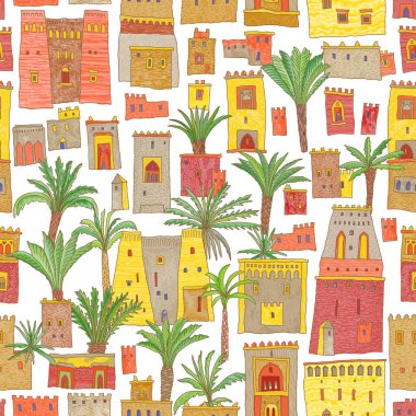 Peri masallarının kusursuz deseni. Beyaz arka planda ortaçağ evleri ve kaleleri.