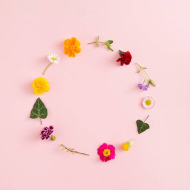 Yaratıcı yay kopyalama alanı. Doğa, bahar çiçekleri ve yapraklarla bezenmiş..