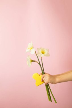 Narsis ve sarı kalpli zencefilli ekmeği pembe arka planda tutan bir çocuğun yaratıcı düzenlemesi. Aşk konsepti.