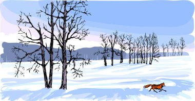 Siyah ağaç siluetleri karla kaplı bir tarlanın arka planında dekoratif görünür. Kış doğası beyaz ve maviye boyanmıştır. Küçük bir tilki, karla kaplı bir tarlanın arka planında hareket eden tek parlak noktadır..