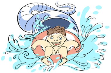 Neşeli bir çocuk su parkında kaydırağın altına gidiyor. Su damlaları her yöne doğru uçar. Çocuk biraz korkmuş..