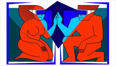 Sanal gerçeklik gözlüklü bir kadın ve bir erkek birbirleriyle iletişim kurarlar. Her biri kendi kişisel alanında, ama sanal ortamda ellerine dokunuyorlar. Suprimatik bileşim.