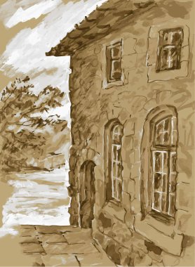 Pencereleri ve girişi olan eski taş bir malikanenin duvarının bir parçası. Monokrom, grisaille, sepia, etude.