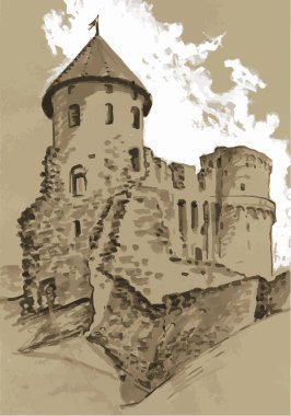 Cesis, Letonya 'da bir kale. Grisaille, monokrom, sepia, skeç.