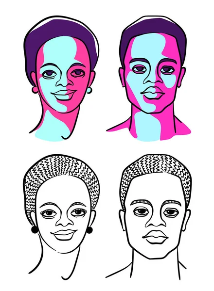Manliga Och Kvinnliga Ansikten Afrikansk Typ Två Alternativ Svartvitt Linje — Stock vektor