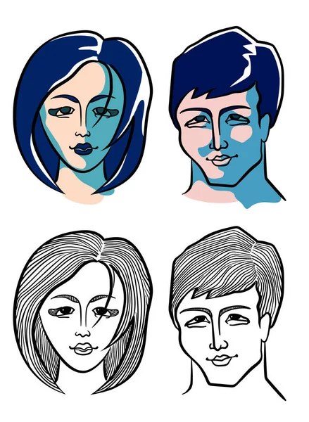 Manliga Och Kvinnliga Ansikten Asiatisk Typ Två Alternativ Svartvitt Linje — Stock vektor