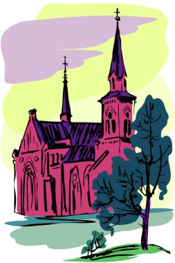 Gökyüzüne karşı Gotik tarzında Katolik tapınağı ve ön planda bir ağaç. Renkli çizim.