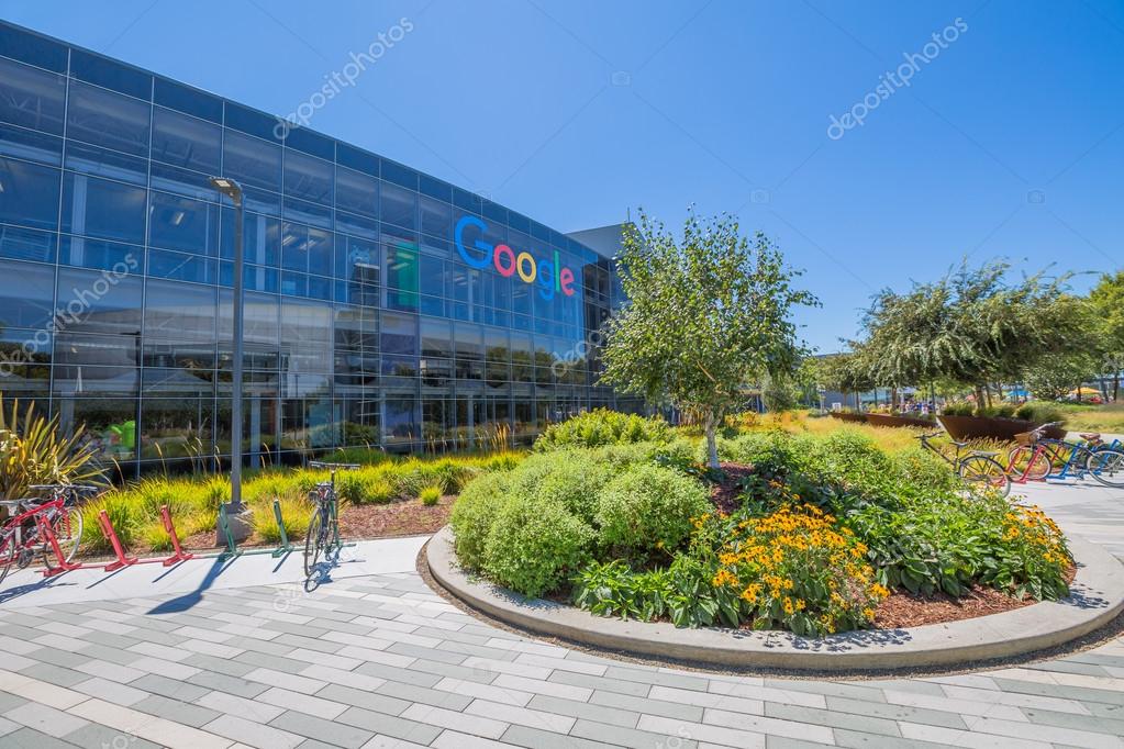 Mountain View, California, USA - August 15, 2016: Google sign on one of the Google buildings. Exterior view of a Google headquarters building. Google is specializing in Internet services