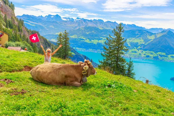 Woman with cow Switzerland — Stock Photo, Image