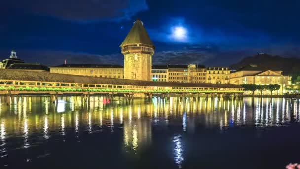 Lucerne kapellbro natt TIME-LAPSE — Stockvideo