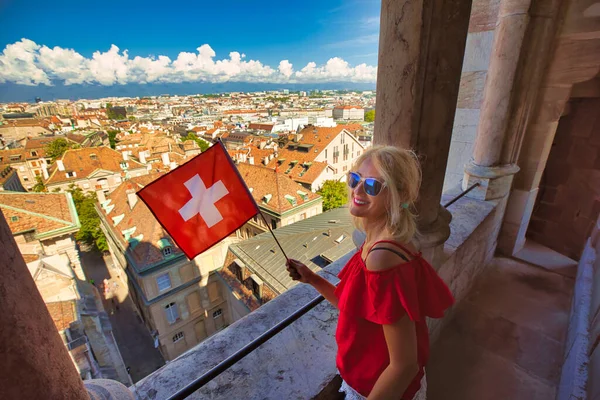 Vrouwelijke toerist in Genève — Stockfoto