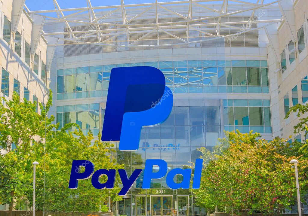 San Jose, California, United States - August 12, 2018: Paypal sign at Paypal Headquarters. Paypal is a multinational corporation that provides a virtual bank service and payments through internet
