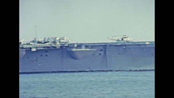 Archival of USS Nimitz aircraft carrier in 1980s — Stock Video