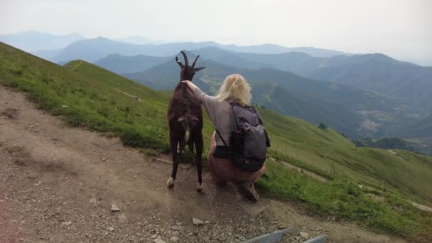 Mulher com cabra no Monte Generoso — Vídeo de Stock