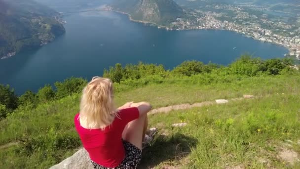 Woman in Lugano Monte Bre mount — Stock Video