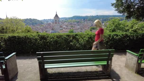 Woman at Schaffhausen cityscape — Stock Video