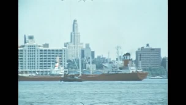 New York Hudson river cargo ship in 1970s — Stock Video