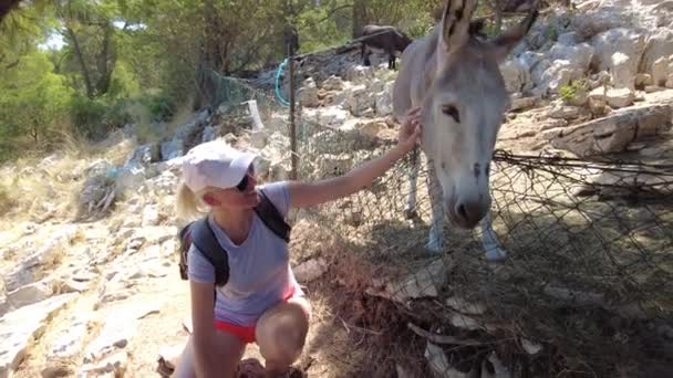 Frau streichelt Esel in Dugi Otok — Stockvideo
