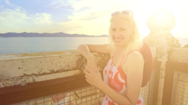 Girl by Zadar cityscape of Croatia — Stock Video