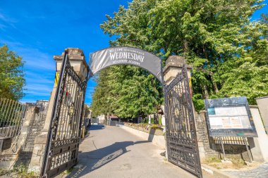 Transilvanya, Romanya -25 Ağustos 2025: Cantacuzino Kalesi 'nin arka planında, Çarşamba günkü televizyon dizisinden Cantacuzino Castle karakterlerini gösteren giriş kapısı