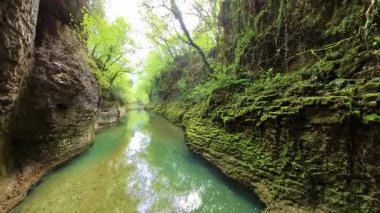 Gürcistan 'daki Martvili Kanyonu' nda canlı yeşil yosunlarla kaplanmış ve kanyon boyunca akan temiz suyla Abasha Nehri boyunca pitoresk bir manzara yaratan çarpıcı kaya oluşumları yer alıyor.