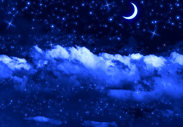 Silent blue night sky with moon, stars and clouds like the Christmas night