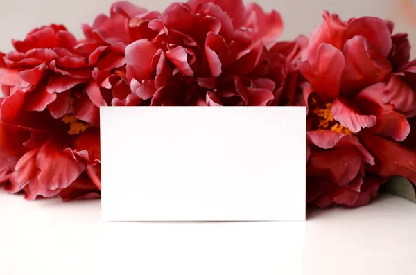 Virágzó ágak bazsarózsa virágokkal és rügyekkel. Üres névjegykártya mockup kerámia tányéron. Női esküvő és bazsarózsa vörös virágai. Szürke vászon asztalterítő szövet háttér. Botanika és luxus — Stock Fotó