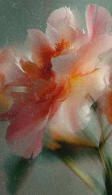 Dreamy abstract photograph of delicate coral pink leaves in soft focus and motion blur. Gentle pastel tones and ethereal movement create a calm, artistic, and minimalist background perfect for modern design, nature-inspired prints, and wellness
