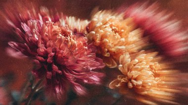 Mor çiçeklerin soyut sanatsal bir görüntüsü dinamik hareket bulanıklığı ve yumuşak desenli, resmedilmiş bir görüntüsü. Canlı renkler ve rüya gibi ışıklar dramatik, atmosferik bir çiçek kompozisyonu yaratır. Yüksek