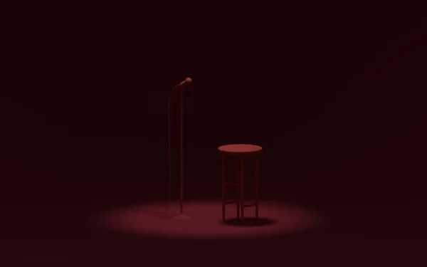 Bar taburesi ve mikrofonlu stand-up sahnesi Render 3D illüstrasyon tek renkli