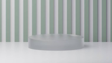 Bir ürün için asgari tarz soyut arkaplan. Yeşil çizgili arka planı olan cam bir kaide. 3d görselleştirme
