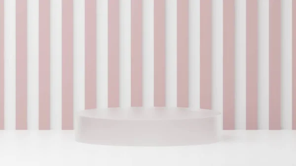 Bir ürün için asgari tarz soyut arkaplan. Pembe çizgili arka planı olan cam bir kaide. 3d görselleştirme