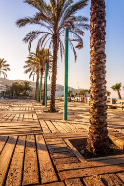 Erken, sıcak ve güneşli bir yaz sabahı La Herradura plajında terk edilmiş bir sahil yürüyüşü ve palmiye ağaçları, Kosta Tropikal, Endülüs, İspanya