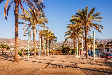 Erken, sıcak ve güneşli bir yaz sabahı La Herradura plajında terk edilmiş bir sahil yürüyüşü ve palmiye ağaçları, Kosta Tropikal, Endülüs, İspanya