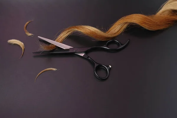 Open Hairdressing Scissors Strand Curl Hair Black Background Professional Shears — Stock Photo, Image