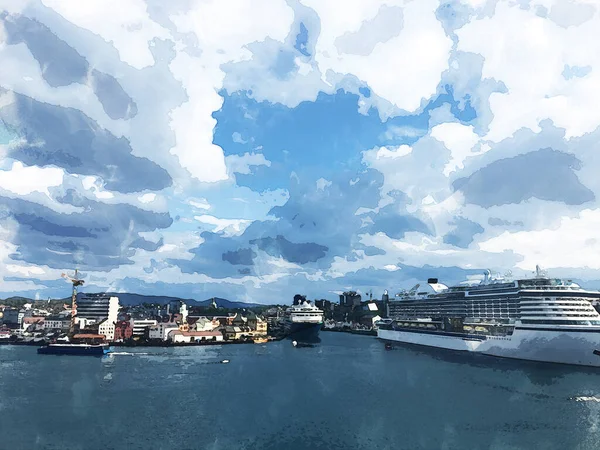 Watercolor Paint Stavanger Sea Port Cruise Ships Docked Pier Cityscape — Stockfoto