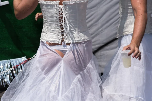 MUNICH, GERMANY - 11 JULY 2015: Christopher Street Day - Bridal dress and G-string — Stock Photo, Image