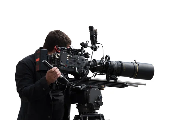 Professioneller Kameramann filmt ein Filmmaterial mit einem hochentwickelten Gerätesatz — Stockfoto
