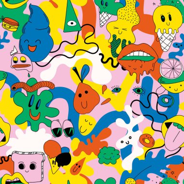 Soyut karakterlerin parlak temalı, kusursuz şablonu. Tamamen düzenlenebilir yalıtılmış elementler. Tatlılar, dondurmalar, çocuk kıyafetleri, desenler, ürün çizimleri için mükemmel.