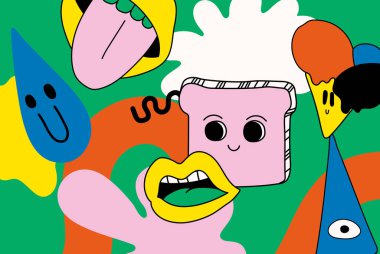 En iyi Fransız tostu. Dondurmalı, dudaklı ve soyut şekilli mutlu ekmek. Komik soyut karakterli, polaroid tarzda parlak temalı vektör posteri. Tamamen düzenlenebilir