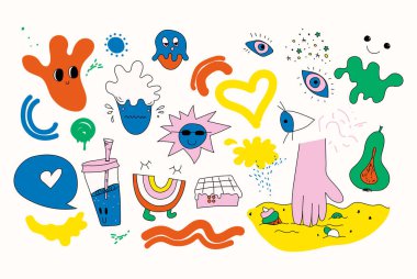 Renkli ayrı vektör karalamaları, tamamen düzenlenebilir. Komik klip sanatları grafik tasarımı, kartlar, posterler, baskılar, giyim, ambalaj, tişört tasarımı ve daha fazlası için mükemmeldir.!