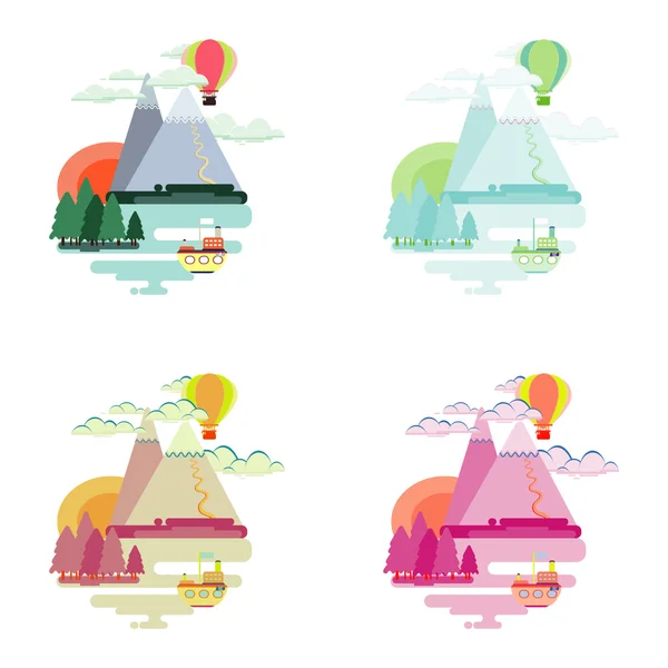 Набір плоский барвистий пейзаж. Гори, повітряна куля, корабель — стоковий вектор
