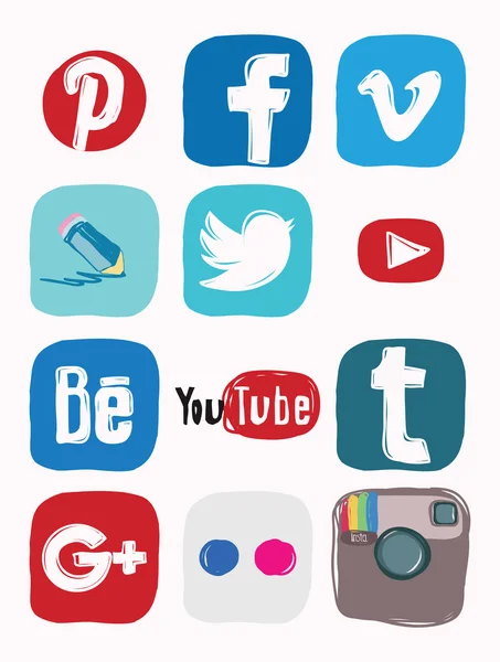 Facebook, instagram, google plus icon of social media, color doodle — Stockfoto