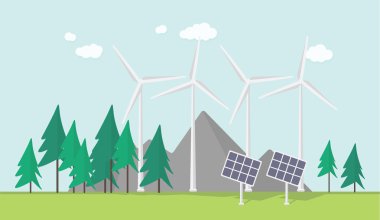 Flat eco design, rural landscape with windmill, solar panels, field, forest, mountains