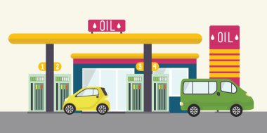 Flat vector landscape with gas station, oil, car, cafe