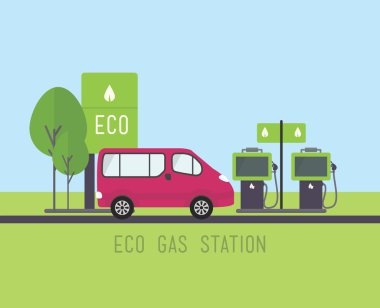 Flat eco design, rural landscape with gas station, car, petrol, windmill, field, tree