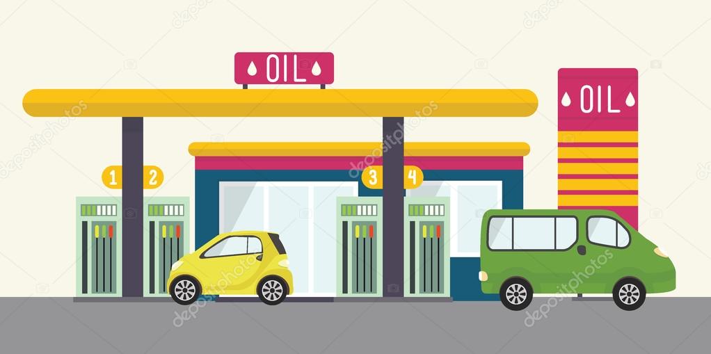 Flat vector landscape with gas station, oil, car, cafe