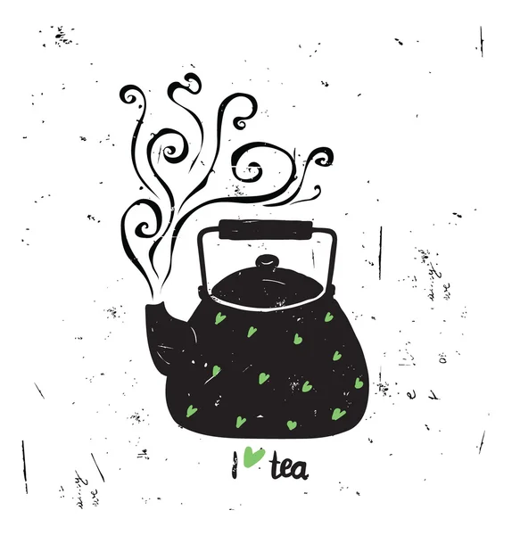 Vector illustration I love tea with lettering. Black tea pot wit — Stock Vector