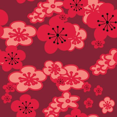 Vektör kırmızı arka plan, pembe kırmızı kiraz çiçekleri. pürüzsüz kalıp arkaplanı.